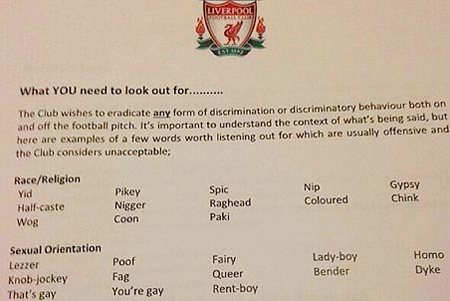 Liverpool FC produce a document of unacceptable words/phrases